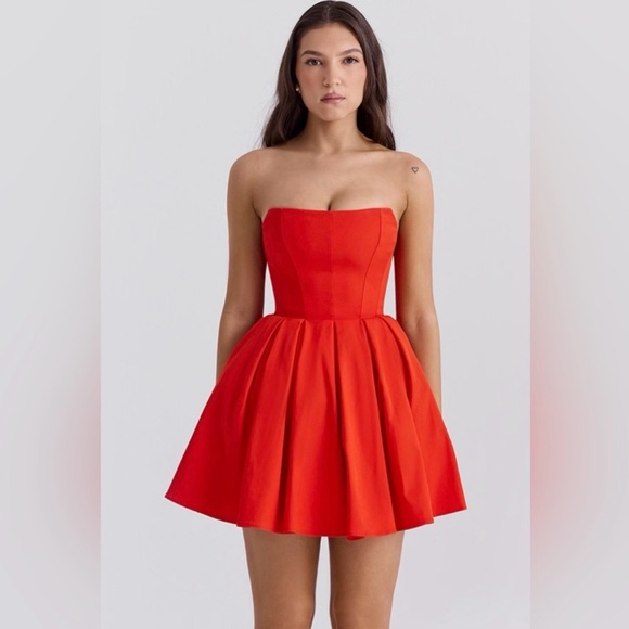 House of CB Emmanuela Italian Tomato Red Strapless Pleated Mini Dress (Small) - Picture 2 of 5